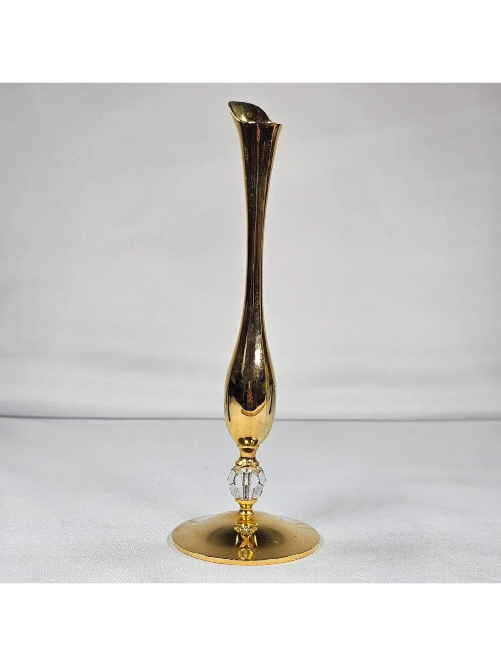 Vintage Brass Bud Vase Slender Mid Century Modern MCM Crystal Accent 6.75